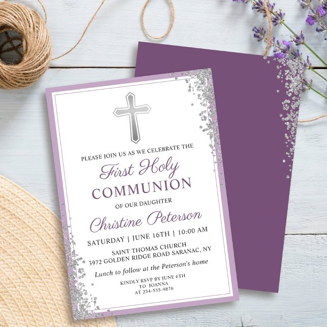 Silver Glitter Plum Purple First Holy Communion Invitation (Creator Uploaded)