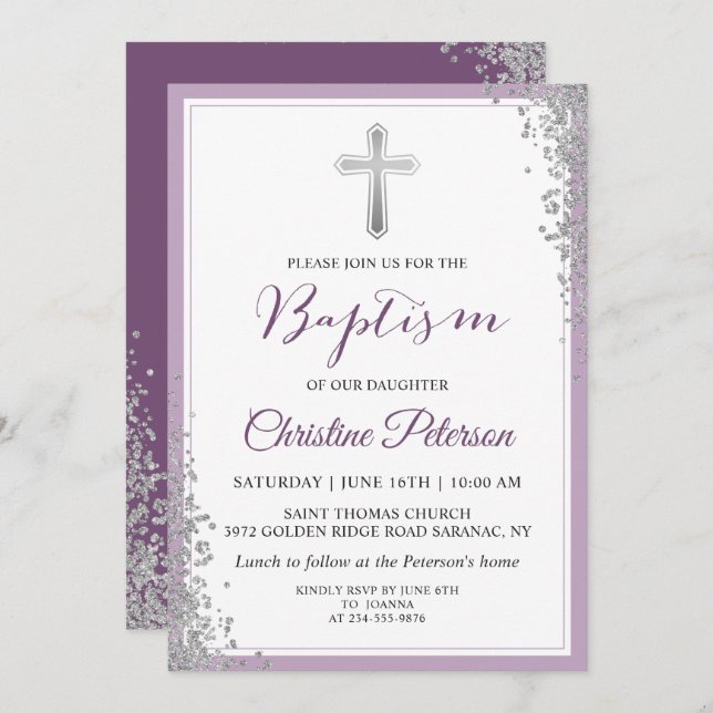 Silver Glitter Plum Purple Girl Baptism Invitation (Front/Back)