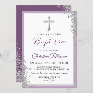 Silver Glitter Plum Purple Girl Baptism Invitation
