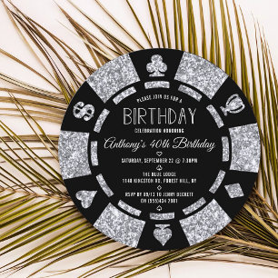 Silver Glitter Poker Chip Casino Birthday Party Invitation