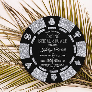 Silver Glitter Poker Chip Casino Bridal Shower Invitation