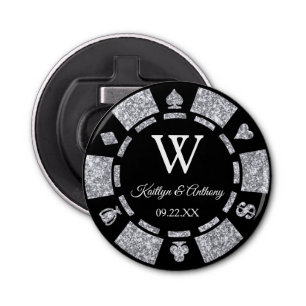 Silver Glitter Poker Chip Casino Wedding Favor Bottle Opener