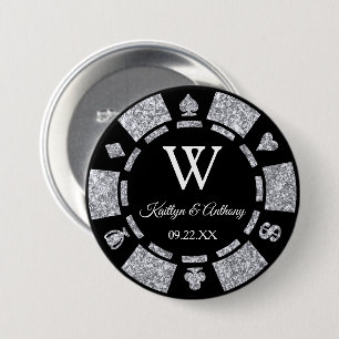Silver Glitter Poker Chip Casino Wedding Favour 7.5 Cm Round Badge