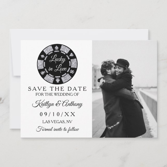 Silver Glitter Poker Chip Casino Wedding Photo Save The Date (Front)