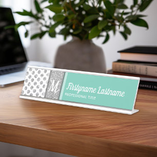 Silver Glitter Polka Dot Monogram Can CHANGE Desk Name Plate