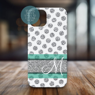 Silver Glitter Polka Dot Pattern with Monogram Case-Mate iPhone 14 Case