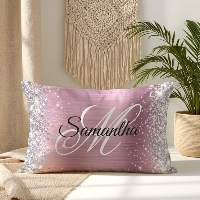 Silver Glitter Pretty Pink Foil Monogram Lumbar Cushion (Silver Glitter Pretty Pink Foil Monogram Lumbar Pillow)