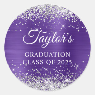 Silver Glitter Pretty Purple Foil Graduation Classic Round Sticker