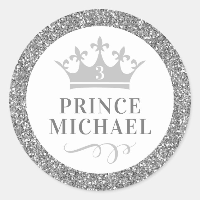 Silver Glitter Prince Favour Sticker Label (Front)