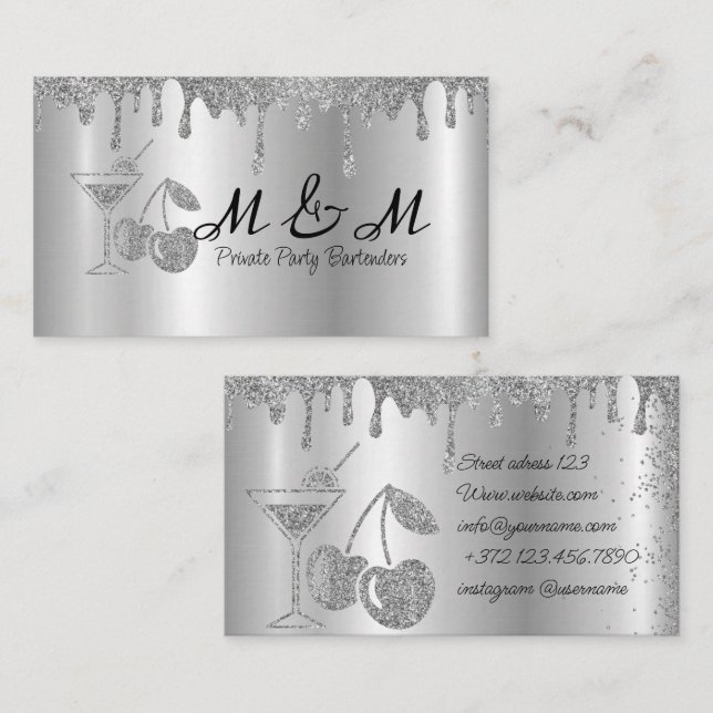 Silver Glitter Private Party Bartender Business Card (Front/Back)