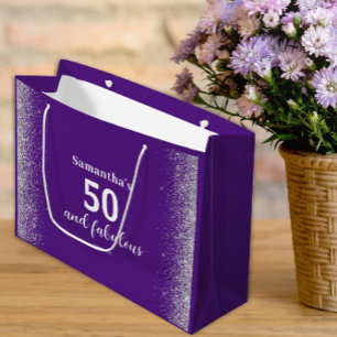 Silver Glitter Purple 50th Birthday  Large Gift Bag