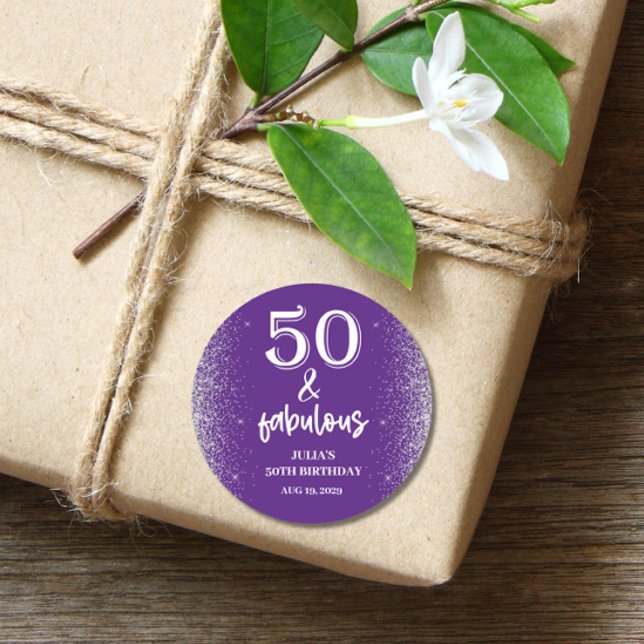 Silver Glitter Purple 50th Birthday Party  Classic Round Sticker (Creator Uploaded)