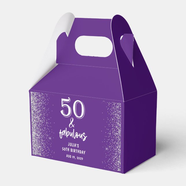 Silver Glitter Purple 50th Birthday Party Favour Box (Front Side)