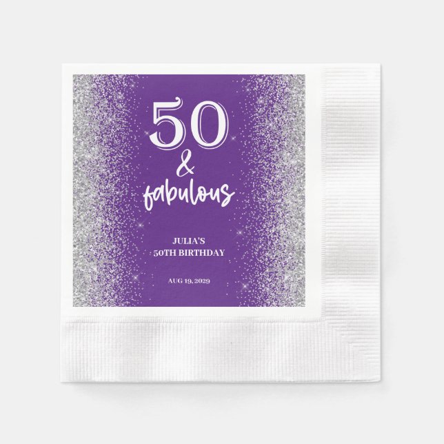Silver Glitter Purple 50th Birthday Party  Napkin (Front)