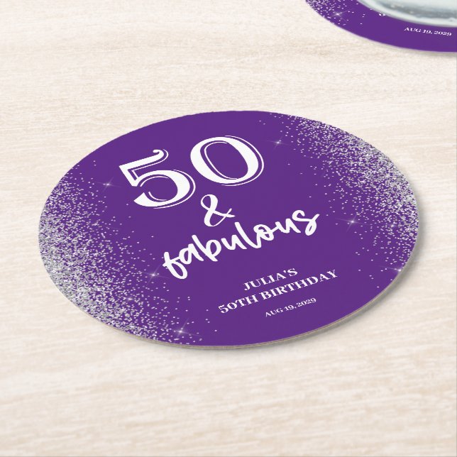 Silver Glitter Purple 50th Birthday Party  Round Paper Coaster (Angled)