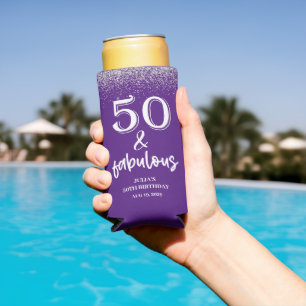 Silver Glitter Purple 50th Birthday Party Seltzer Can Cooler