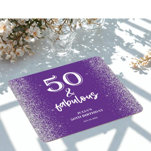 Silver Glitter Purple 50th Birthday Party  Square Paper Coaster (Creator Uploaded)