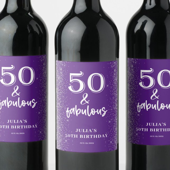 Silver Glitter Purple 50th Birthday Party  Wine Label (Creator Uploaded)