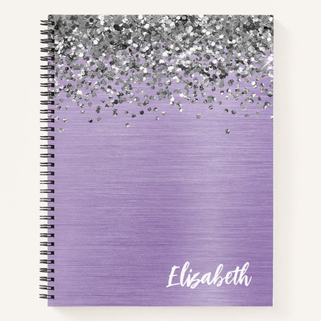 Silver Glitter Purple Brushed Metal Monogram  Notebook (Front)