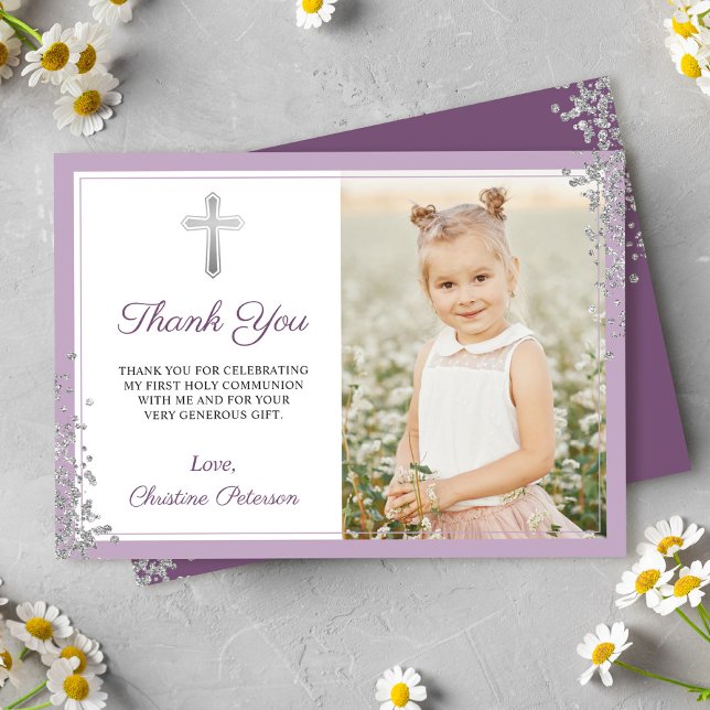 Silver Glitter Purple Communion Thank you Card (Creator Uploaded)