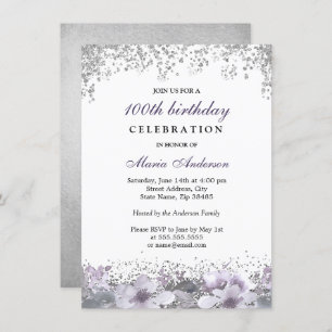 Silver Glitter Purple Floral 100th Birthday Invite