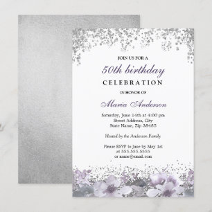 Silver Glitter Purple Floral 50th Birthday Invite