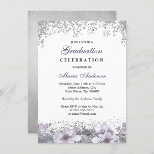 Silver Glitter Purple Floral Graduation Party Invitation