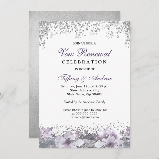Silver Glitter Purple Floral Vow Renewal Invite (Front/Back)