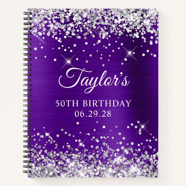 Silver Glitter Purple Foil 50th Birthday Guest Notebook (Front)