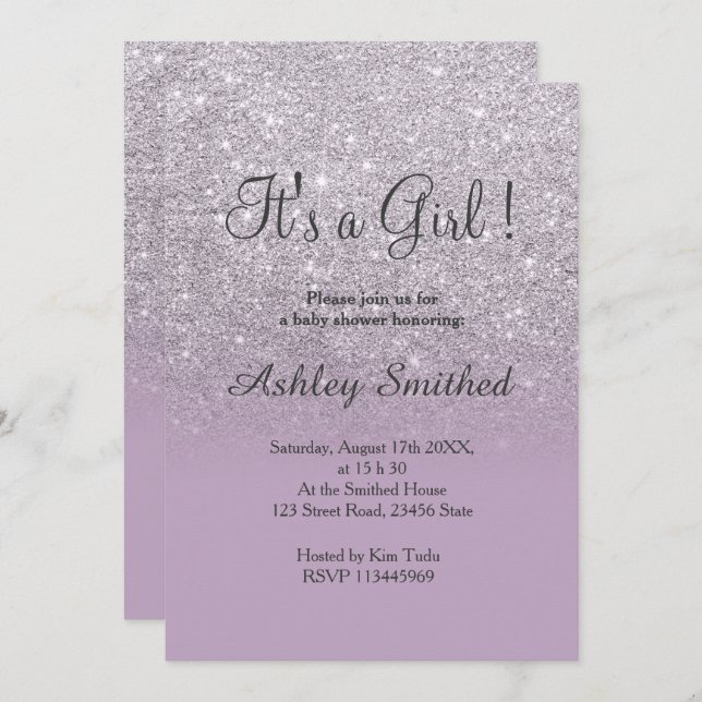 Silver glitter purple lilac ombre girl baby shower invitation (Front/Back)