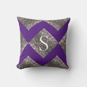 Silver Glitter Purple Monogram Bling Chic Cushion