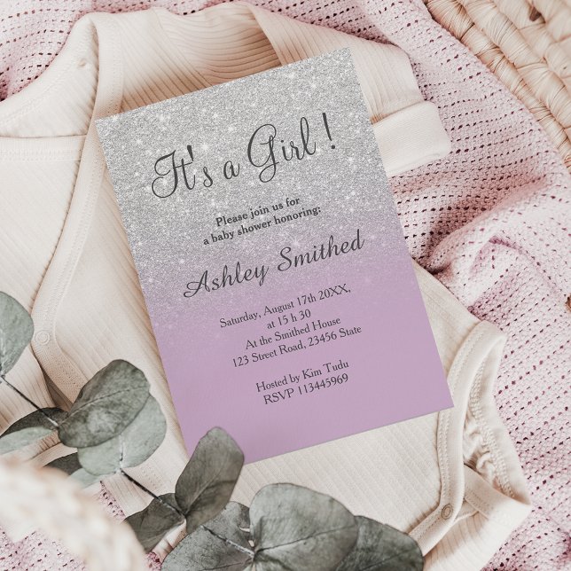 Silver glitter purple ombre girl baby shower invitation (Creator Uploaded)