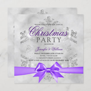 Silver Glitter & Purple Ribbon   Xmas Holiday Invitation