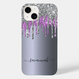 Silver glitter purple sparkle monogram glam Case-Mate iPhone 14 case