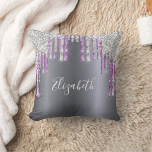 Silver glitter purple sparkle monogram glam cushion