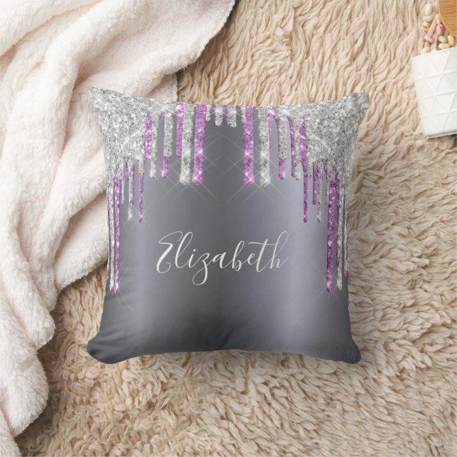 Silver glitter purple sparkle monogram glam cushion (Blanket)