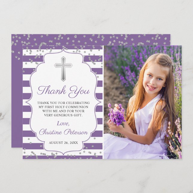 Silver Glitter Purple Stripes First Communion  Thank You Card (Front/Back)