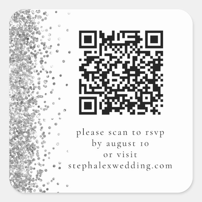 Silver Glitter QR code to RSVP Wedding  Square Sticker (Front)