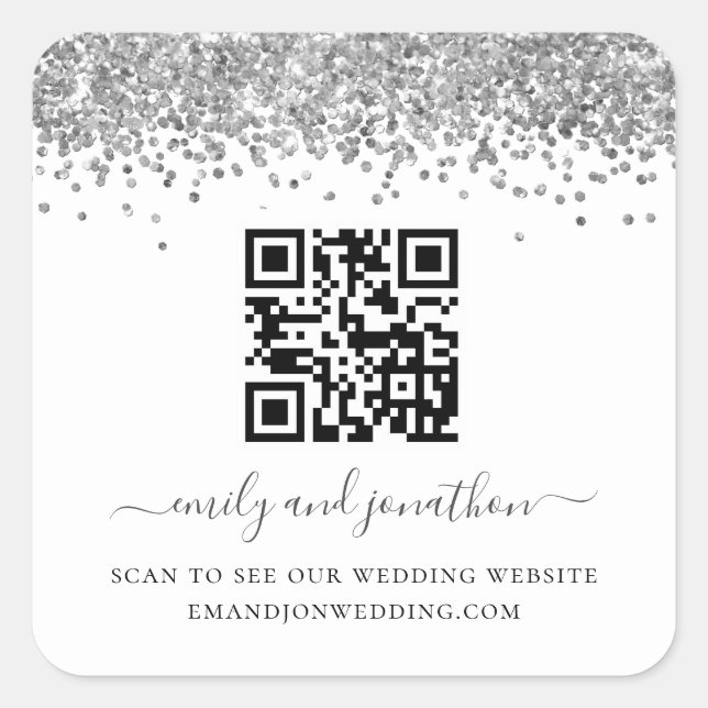 Silver Glitter QR Code Wedding Website Square Sticker (Front)