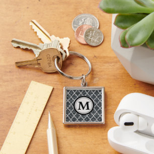 Silver Glitter Quatrefoil Pattern Monogram Key Ring