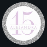 Silver Glitter Quince Años Favour Sticker Label<br><div class="desc">Sparkly silver faux glitter with lavender purple (text colour is editable) birthday age and name text. Great accent for an elegant and modern 15th birthday party, Quinceanera, quince años, or customise for any birthday celebration. The artwork is a printed image of glitter - no real glitter is used. Visit the...</div>