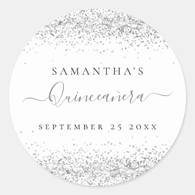 Silver Glitter Quinceañera Name Date Classic Round Sticker (Front)