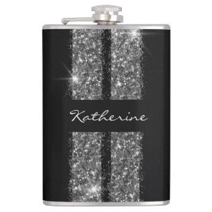 Silver Glitter Race Stripe Custom Personalised Hip Flask