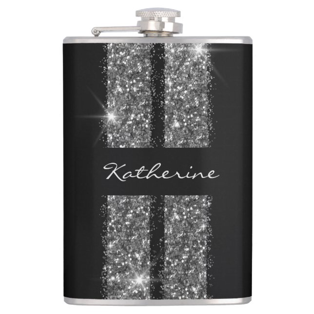 Silver Glitter Race Stripe Custom Personalised Hip Flask (Front)