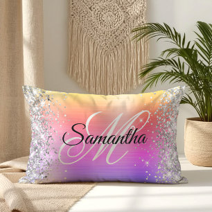 Silver Glitter Rainbow Foil Fancy Monogram Lumbar Cushion