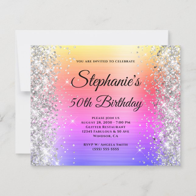 Silver Glitter Rainbow Foil Monogram 50th Birthday (Front)