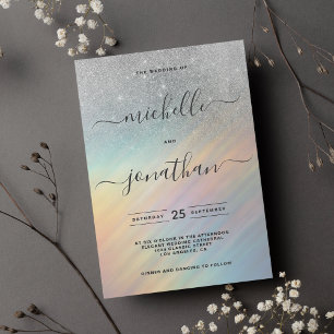 Silver Glitter Rainbow Holographic Wedding Invitation