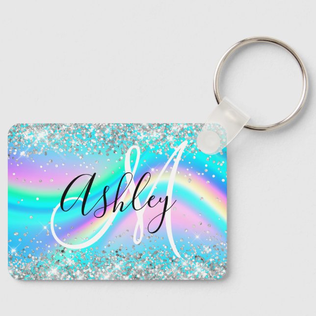 Silver Glitter Rainbow Wave Aqua Ombre Monogram Key Ring (Front)