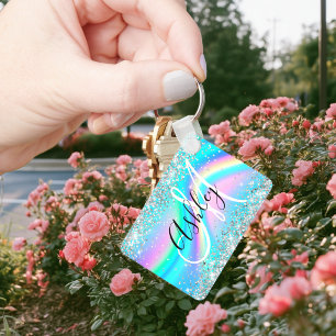 Silver Glitter Rainbow Wave Aqua Ombre Monogram Key Ring