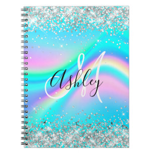 Silver Glitter Rainbow Wave Aqua Ombre Monogram Notebook